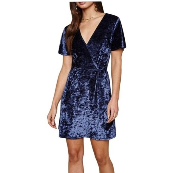 PacSun LA Hearts Dark Blue Crushed Velvet Short Sleeve Wrap Mini Dress S - Picture 1 of 5